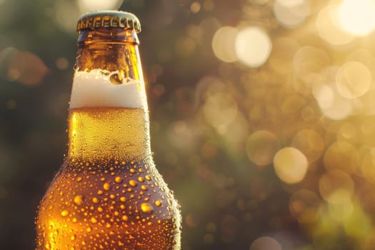A close-up shot of a chilled craft beer bottle with condensation droplets against a bokeh background, highlighting refreshment.