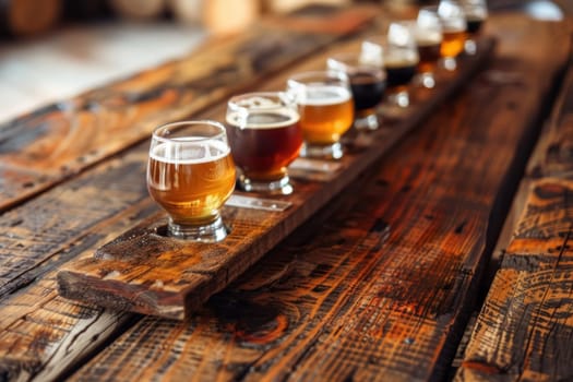 A craft beer flight perfectly aligned on a bespoke wooden paddle, inviting a journey through unique brew tastes and aromas.