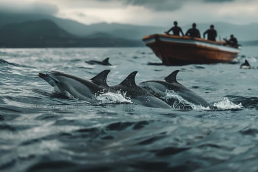 A pod of dolphins races through the waves, escorting a boat under a stormy sky, highlighting the harmony between man and nature.