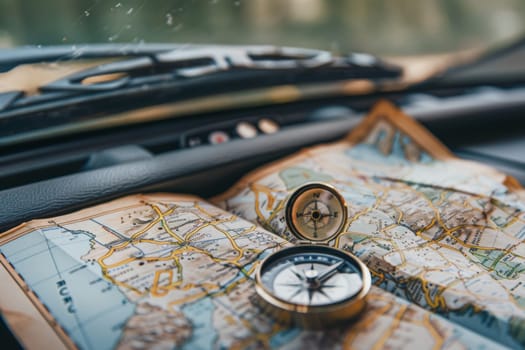 A compass and map spread across a car dashboard, ready for a road trip, with a breathtaking mountainous landscape stretching out in front of the car