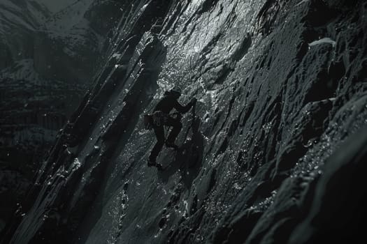 A monochromatic image of a climber using equipment to ascend a steep, icy mountain face