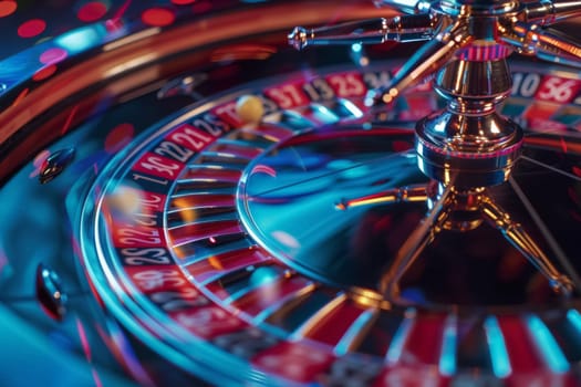 A vibrant close-up of a roulette wheel caught in mid-spin, with colors blurring into a display of motion and chance.