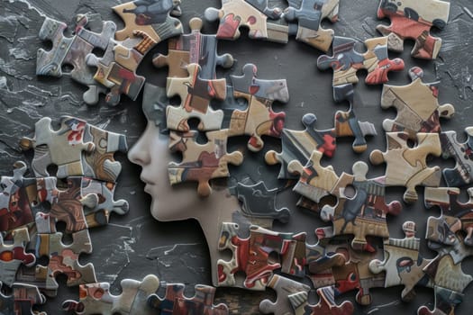 A completed puzzle in the silhouette of a human head with a colorful, abstract design on a dark, cracked background