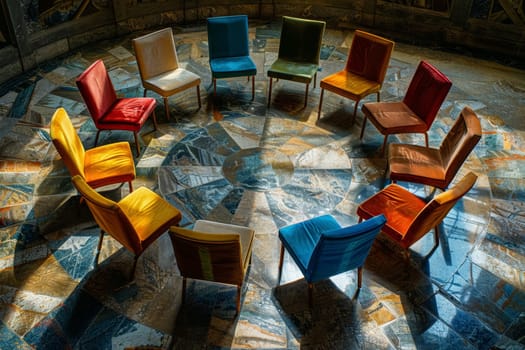 A unique circular arrangement of vintage chairs with varying designs and colors on an ornate floor, invoking a sense of art and history