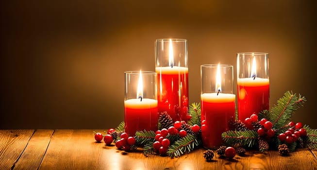 The image shows three red candles placed on a wooden table with pinecones and berries surrounding them.