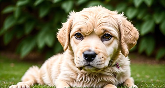 The image shows a cute, fluffy golden retriever puppy lying on the grass, looking up at the camera with big brown eyes.