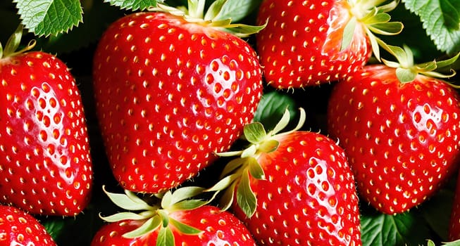 The image shows a close-up of a bunch of fresh, ripe strawberries on a green background.