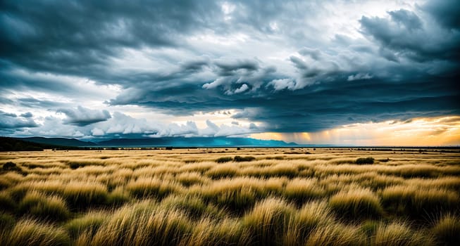 The image shows a barren field with tall grass swaying in the wind under a cloudy sky.