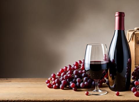 The image shows a bottle of red wine and two glasses on a wooden table with grapes and other fruits nearby.