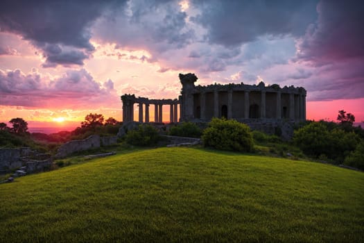 The image shows a large, ancient stone structure with columns and arches at sunset.