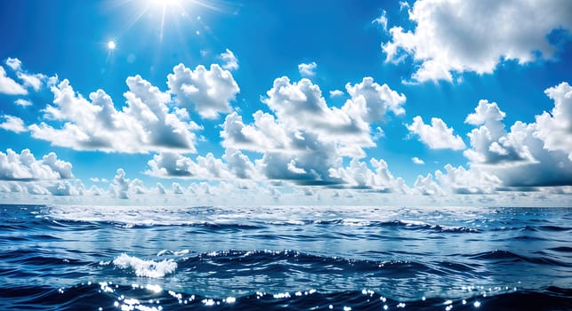 The image depicts a vast body of water with waves crashing against the shore, with the sun shining brightly in the sky.