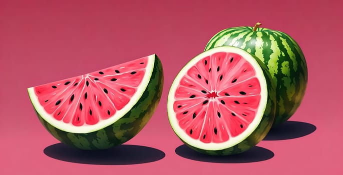 The image shows two slices of watermelon on a pink background.