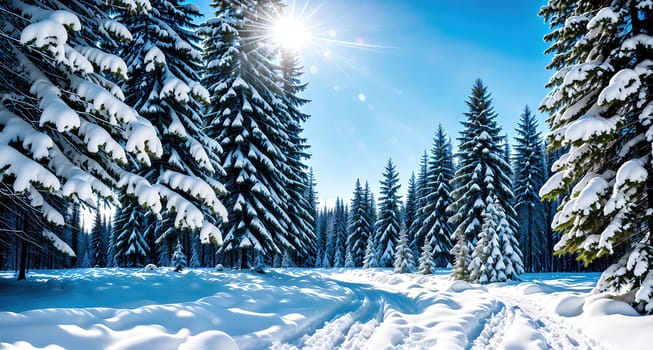 The image depicts a winter scene with snow covered trees and a sunny sky in the background.