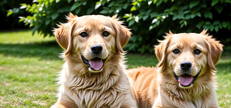 The image shows two golden retrievers sitting on the grass, looking at the camera with their big brown eyes.