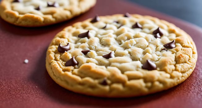 The image shows a plate with two chocolate chip cookies on it.