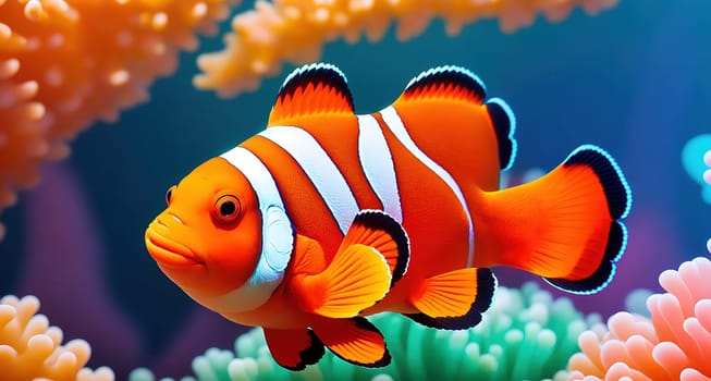The image shows a orange and white clownfish swimming in a coral reef.
