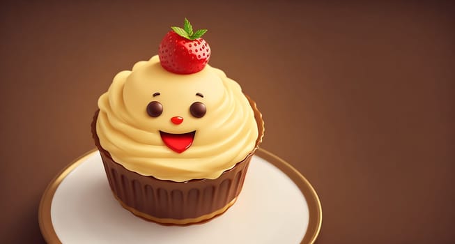 The image is a cupcake with a smiling face made of frosting and topped with a cherry.