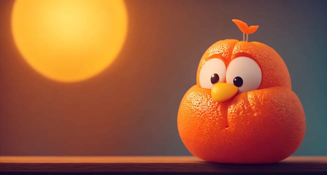 The image is of an orange sitting on a wooden surface with a light shining behind it.