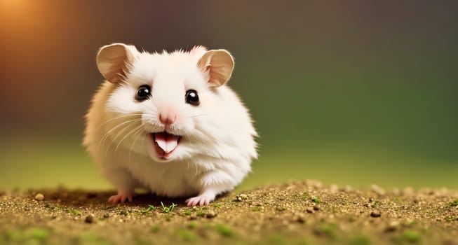 The image is of a small, brown and white hamster standing on its hind legs, looking up at the camera with its mouth open.