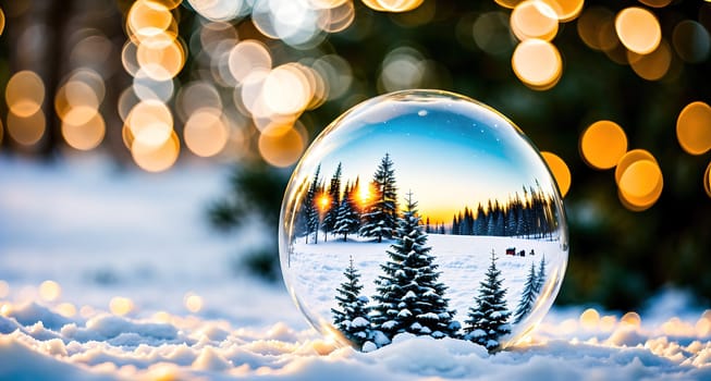 The image shows a snow globe with a winter landscape inside, including trees, a sunset, and a frozen lake.