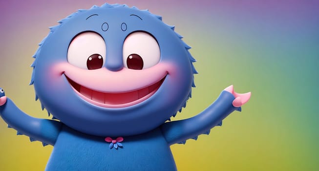 The image is a cartoon character with blue fur, a pink bow on its head, and a smile on its face.