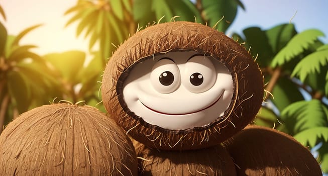 The image shows a cartoon character wearing a hoodie and standing in front of a coconut tree in a tropical forest.