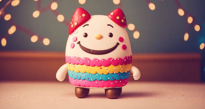 The image is of a cartoon character wearing a pink and white striped outfit with a big smile on its face.