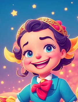 The image shows a cartoon girl wearing a yellow dress and a red bow in her hair, smiling and looking up at the sky.