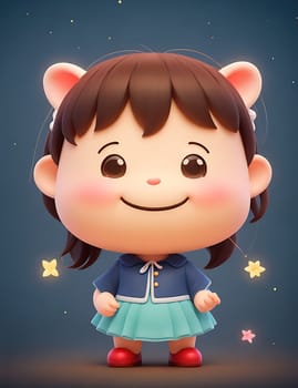 The image is a cartoon illustration of a young girl wearing a blue dress and holding a stuffed animal.