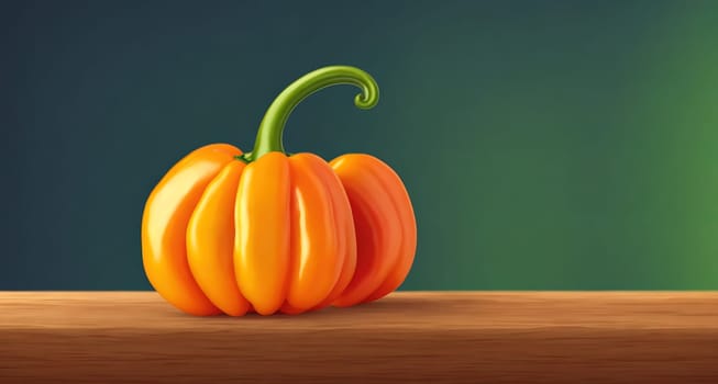 The image is a cartoon illustration of a small, orange pumpkin sitting on a wooden surface.