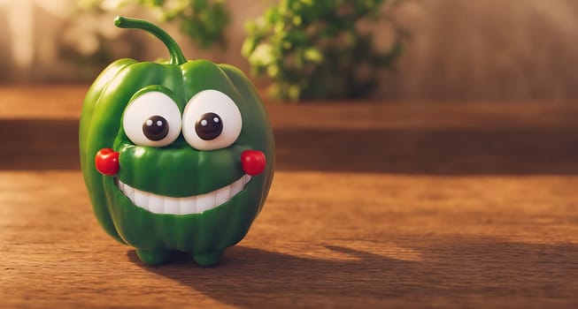 The image is of a green pepper with a smiling face, sitting on a wooden surface.