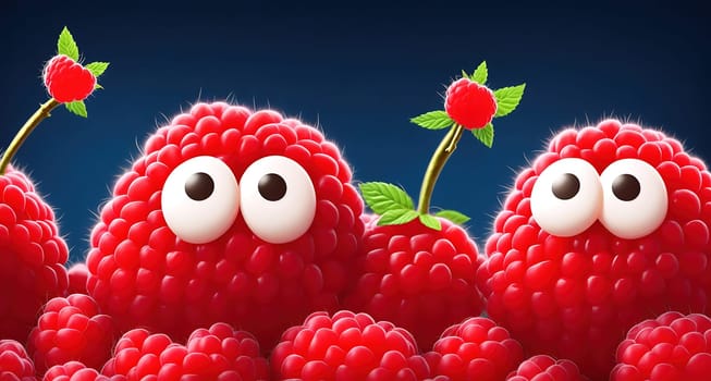 The image shows a group of cartoon raspberries standing in a row, with one of them holding a sign that says Raspberry Season.