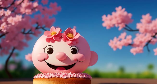 The image is of a pink baby cake with cherry blossoms on top.