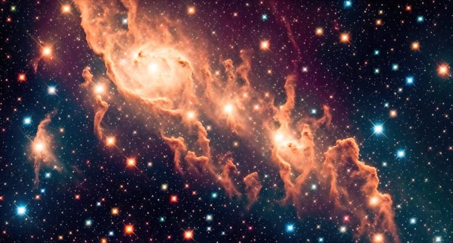 The image is a stylized representation of a nebula, with swirling clouds of gas and dust in shades of pink, purple, and blue.