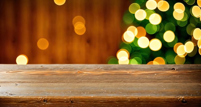 The image is a blurry background with a wooden table in the foreground, with a Christmas tree in the background.