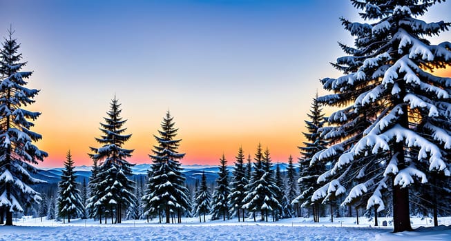 The image shows a winter scene with snow covered trees and a sunset in the background.