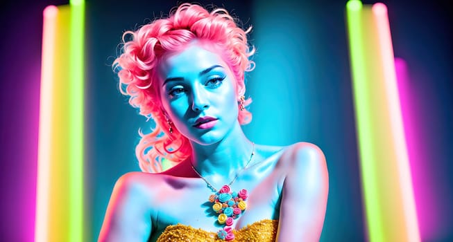 The image depicts a woman wearing a pink dress and pink hair, standing in front of a neon light background.