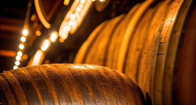 The image shows a dark, dimly lit room with rows of wooden barrels lined up against the walls.