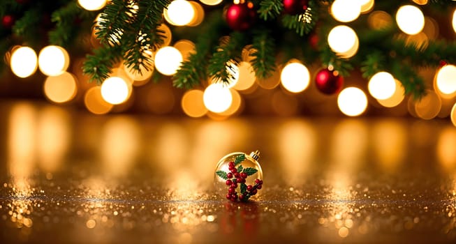 The image is a small, colorful figurine sitting on a table in front of a Christmas tree with lights and ornaments hanging from it.