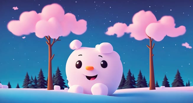 The image shows a cartoon bear standing in a snowy forest with pink clouds in the background.