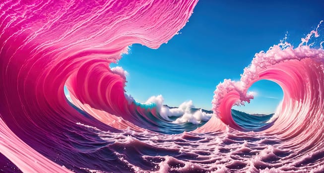 The image depicts a pink wave crashing against the shore, with the sun setting in the background.