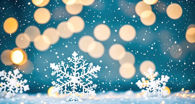 The image is a winter scene with snowflakes falling in front of a blue background with blurred lights.