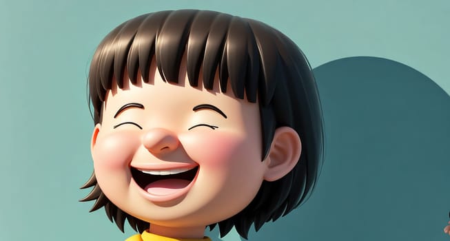 The image shows a young girl with short brown hair and a yellow shirt, smiling and looking up at the camera.