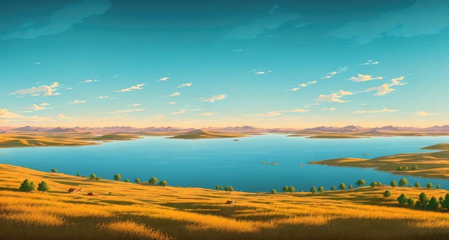 The image depicts a serene landscape with a large body of water in the foreground and rolling hills in the background.