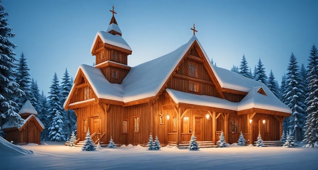 The image depicts a small wooden church in the middle of a snowy forest, with pine trees surrounding it and a full moon shining down on it.