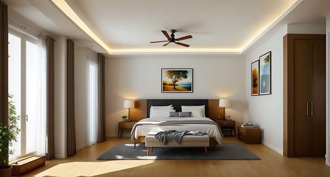 The image is a bedroom with white walls, wooden floors, and a ceiling fan.