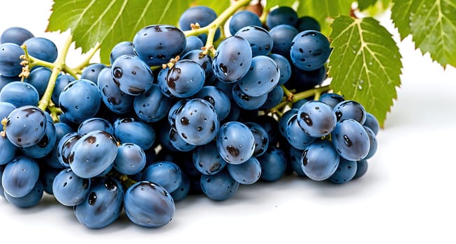 The image shows a bunch of grapes hanging from a vine with leaves and stems.
