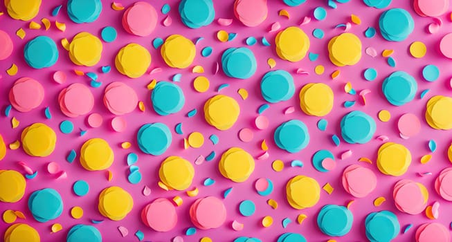 The image is a pink and blue polka dot background with yellow dots scattered throughout.