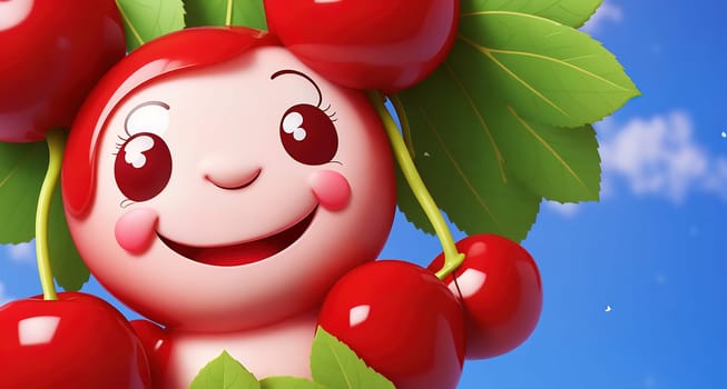 The image is of a cartoon character hanging from a cherry tree branch with a big smile on its face.