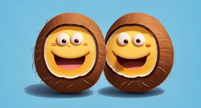 The image shows two smiling coconuts with open mouths, one on top of the other.